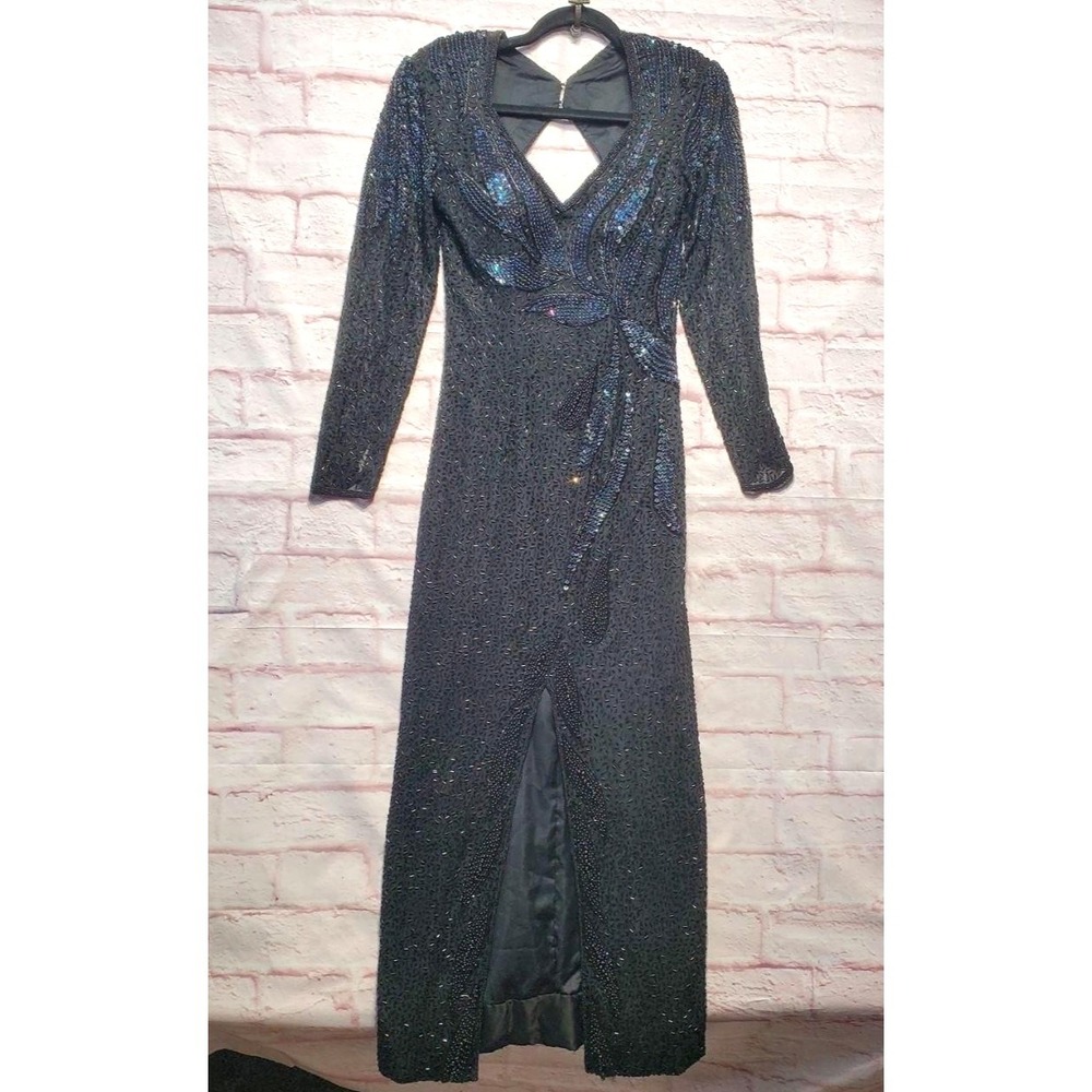 VTG Sequins Originals Black Silk Beaded Sequin 80s Formal Dress Gala Cocktail SM